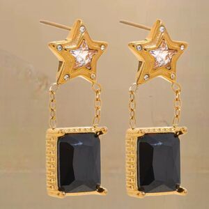Anthropologie Black Cubic Zircona Star Drop Earrings Gold Plated | NWOT